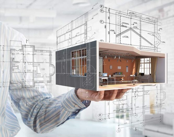 Detailed architectural exterior view showcasing building dimensions and design elements