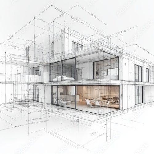 Architectural exterior model with detailed dimensions showcasing the building's structure.